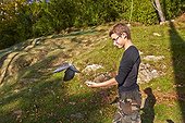 Releasing of Dove caught in a net - Basque Country France ; Pantiere Lanne,<br>