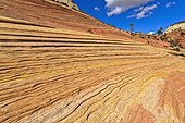 Paysage géologique - Zion NP Utah USA ; Ces dômes sont en grès Navajo, d'origine éolienne (dunes pétrifiées) et datant du début du Jurassique (désert sur la côte ouest de la Pangée)<br>les strates sont recoupées de fractures crées par les alternances de gel et de chaleur extrême sur des millions d'années