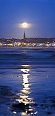 Moonset over Douarnenez and its reflection - Bretagne France ; Panorama of 6 photos