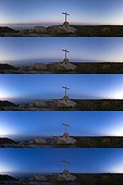 Belt of Venus and cross on the Island of Houat - France ; When taking a picture of 300 ° wide every 7.5 minutes, we see the shadow of the Earth (dark orange arch hemmed called "Belt of Venus") that rises into the atmosphere of Earth as the sun goes down behind the horizon. Well contrasted from the sunset, she eventually blend into the twilight sky brightness.