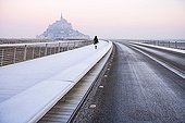 Gateway bridge frosty in winter - Mont Saint-Michel France  ; Japanese tourist