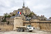 Destruction of the road embankment - Mont Saint Michel France ; the ramparts, facing the tower of Roy and Arcade.<br>Restoration work of the maritime character of Mont Saint-Michel.