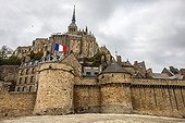 Destruction of the road embankment - Mont Saint Michel France ; the ramparts, facing the tower of Roy and Arcade.<br>Restoration work of the maritime character of Mont Saint-Michel.