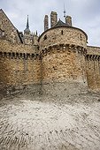 Destruction of the road embankment - Mont Saint Michel France ; the ramparts, facing the tower of Roy and Arcade.<br>Restoration work of the maritime character of Mont Saint-Michel.