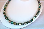 Tahitian black pearls mounted on a flush-du-neck collar ; sold in retail. The beads called "Tahitian black pearls" is an AOC, whose pearly tones vary from green to darker or lighter colors, through the shades pulling purple. 