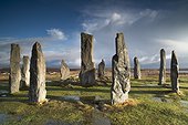 Circle Callanish standing stones in winter - Lewis Hebrides ; Monoliths prepared in gneiss Lewis, erected about 2000 years BC. 
