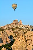 Turkey. Ballooning in Cappadocia. Every morning or so, around one hundred balloons are taking off near Goreme for one hour flight upon the best places of Cappadocia. Here the village of Uchisar.