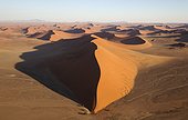 Sand dunes in the Namib Desert. The trees at the bottom of the dune are Camelthorn trees (Acacia erioloba). In the evening. Aerial view. Namib-Naukluft National Park, Namibia.