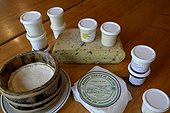 Dairy products from the farm : Tomme mountain or Bargkass with ramsons , Munster , Munster cream , yogurt and white cheese in a wooden mold, Farmhouse Graine Johe , the Bagenelles Pass , High Vosges, Alsace, France