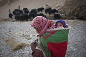 Woman carrying a baby on her back in a nomad camp, Changthang Plateau, Ladakh, Himalayas, India