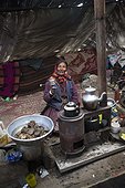 Woman with prayer wheel inside a Yack wool tent, Surroundings of Korzok, Leh, Ladakh, Himalayas, India