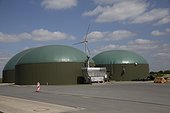 Two large biogas digesters producing methane by anaerobic bacterial digestion Germany