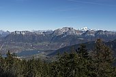 Lake Annecy and the massif of Tournette, in the background: the Mont-Blanc, Haute-Savoie, Alps, France