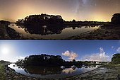 Crac'h river with and without Moon, La Trinité-sur-Mer, Morbihan, Brittany, France. Without light, in the middle of the night, it is very dark. The stars are present. But in the light of the Gibbous Moon (left), it looks like a picture in broad daylight, but the presence of stars and the orange color of the clouds (due to the light pollution of the street lamps of the cities) betray the nocturnal nature of the Photo.
