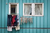 Drying of Cods and clothing in front of windows in Ilulissat, Greenland.