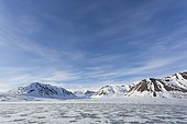 Landscape and pack ice in Mushamna, Woodfjord, Spitzbergen, Svalbard