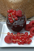 Homemade red fruit jam: organic currants and raspberries