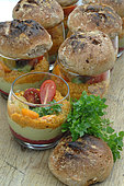 Verrine freshness with guacamole, gazpacho, raw beetroot caviar, basil, homemade rolls, organic meal