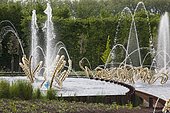 Jets of water and sculptures of Bosquet du theatre d'eau, Gardens of Versailles, France. Garden design : Louis Benech, artist : Jean Michel Othoniel