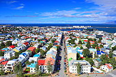 Reykjavik, Icelandic capital, general view of the city with its colorful roofs from the Hallgrímskirkja cathedral, Iceland