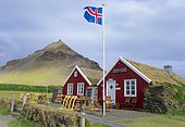 Traditional houses of the peninsula of Snaefellsnes, Small red traditional houses with green roof, Iceland