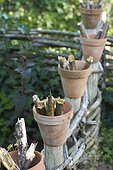 Terracotta pots and dead wood for auxiliary insects, La Roche Jagu Castle Park, Côtes d'Armor, Brittany, France.
