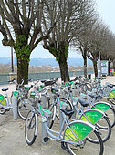 Bicycles put at the disposal of the public, "Velib" is a means established by several cities in France to fight traffic congestion and urban pollution, Pau, Pyrénées Atlantiques, France