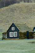 Maison traditionnelle à toit couvert d'herbe datant du 19ème siècle et reconstruits, Ecomusée de Skogar, sud de l'Islande