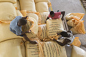 Preparation of bags for export to Europe, Drying and Bagging Center, CECAB, Organic Cocoa Production and Export Cooperative, Fair Trade, Guadalupel, Sao Tome and Principe Island