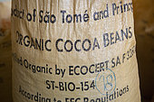 Ecocert traceability on bag for export, Drying and bagging center, CECAB, Organic Cocoa Production and Export Cooperative, Fair Trade, Guadalupel, Sao Tome and Principe Island