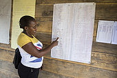 Woman CECAB Employee Showing Cocoa Producers Table, Organic Cocoa Production and Export Cooperative, Fair Trade, Manha Sol, Sao Tome and Principe Island