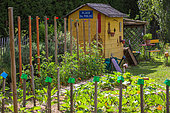 Garden shack with seating aera in a kitchen garden in june, Provence, France