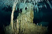 Spectacular limestone decorations in a cavern accessible via a cenote scuba dive. Chambers and tunnels comprise an underground river system spidering across the Yucatan Peninsula, an eerie realm known by the local Maya people as Xilbalba which translates into Place of Fear. Riviera Maya, Yucatan Peninsula, Mexico