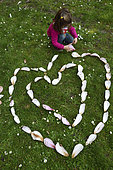 4 year old girl drawing hearts with Magnolia petals, in the garden, Belfort, France