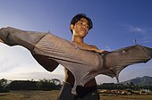 Young man with Giant Golden-crowned Flying Fox (Acerodon jubatus), Luzon