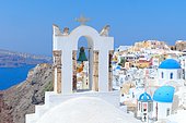 Village of Oia on the island of Santorini in the Cyclades, density of the habitat settled on a cliff on the caldera (caldera) contributing to the charm and tourist success of the village, Greece.