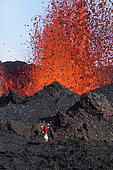 volcanologist on Piton de la Fournaise in activity, Volcano eruption 16 of september 2016, Reunion