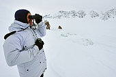 Looking for polar bears on the ice floe, In Lillefjord, Eastern Greenland, February 2016
