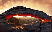 Sunrise at Mesa Arch stone arch, Canyonlands National Park, near Moab, Utah, United States, North America