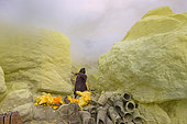 Indonesia, Java Island, East Java province, Kawah Ijen volcano, Miner preparing sulfur blocs