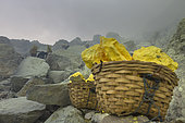 Indonesia, Java Island, East Java province, Kawah Ijen volcano, sulfur baskets and miner
