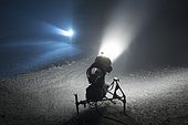 Snow cannons in night, Les Brasses ski ressort, Alpes, France