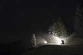 Snow cannons in night, Les Brasses ski ressort, Alpes, France