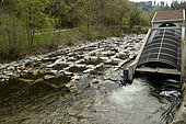 Small hydraulic power station on a river, turbine in the form of a propeller to Freiburg, Baden Wurttemberg, Germany