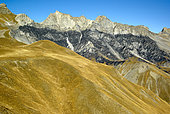 Les Roubines nègres, seen from the Fourches pass (2261m), Haute Tinée Valley in autumn, Mercantour, Alpes, France