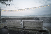 Sprays glaicing instantly on the shores of Lake Geneva, during the cold wind episode of Tuesday January 17, 2017, Versoix, Switzerland