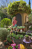 Young woman in the middle of a collection of herbs, vegetable garden, Provence, France