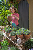 Young woman in the middle of a collection of herbs, vegetable garden, Provence, France