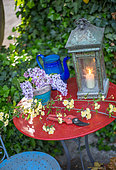 Burning candle in a lantern on a red table, Lilac flowers in a pot and stalks of roses Banks, Garden, Provence, France