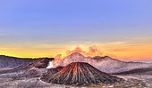 Sunrise, smoking Mount Bromo, Mt. Batok at front, Mt. Kursi at back, Mt. Gunung Semeru, Bromo Tengger Semeru National Park, Java, Indonesia, Asia